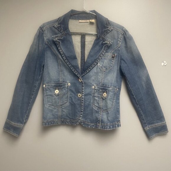 DKNY Women's Blue Jean Denim Jacket Button Front 3 Pockets - Size L Petites - Picture 1 of 16